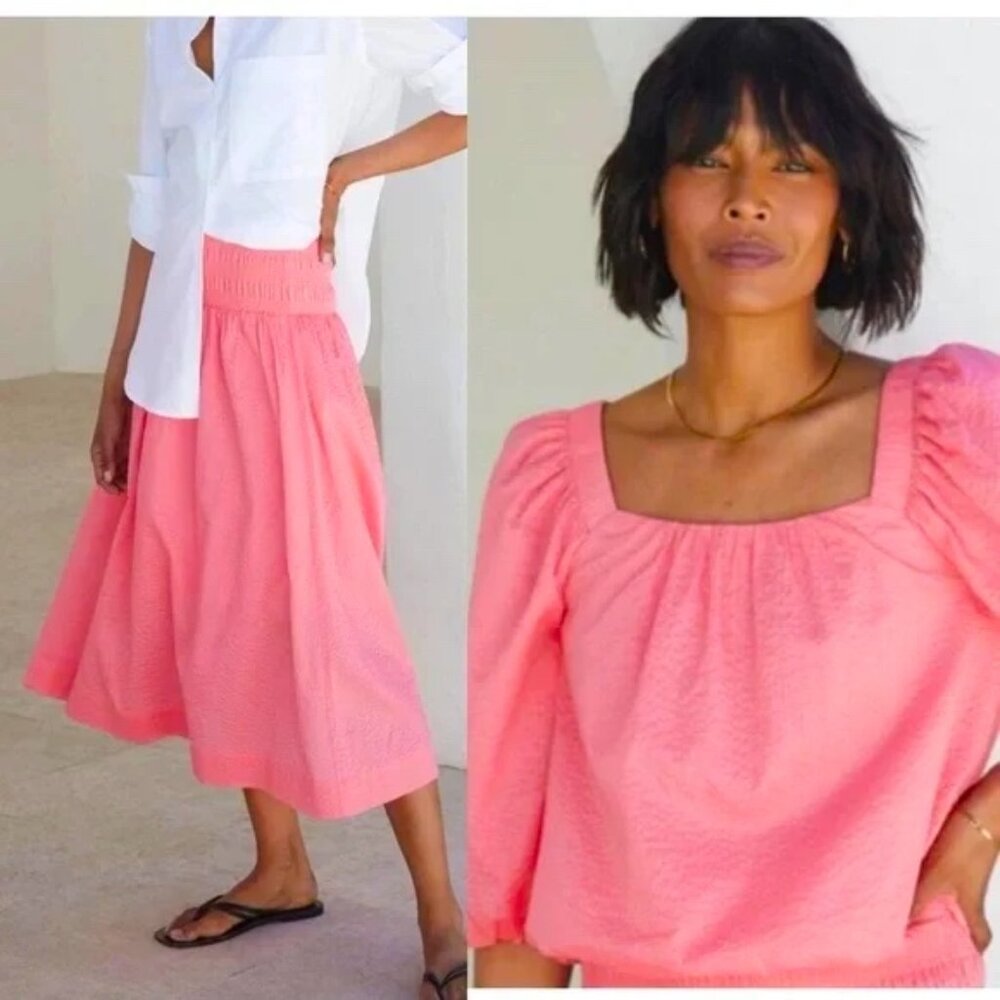 AYR Pink Textured Skirt Set - Puff Sleeve Top & Midi Skirt